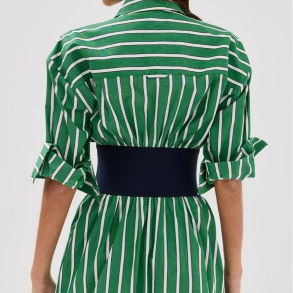 STAUD Michelle Striped Shirt Mini Dress Seaweed Green Size M NWT Chic Versatile - Picture 5 of 16